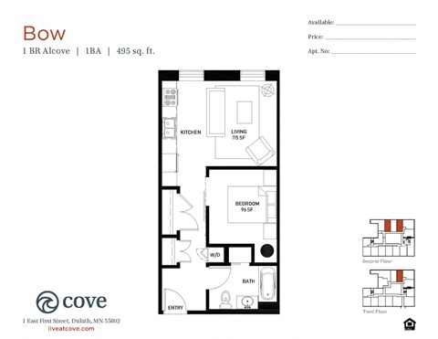 Floor plan for 1 bed, 1 bath, 495 sqft